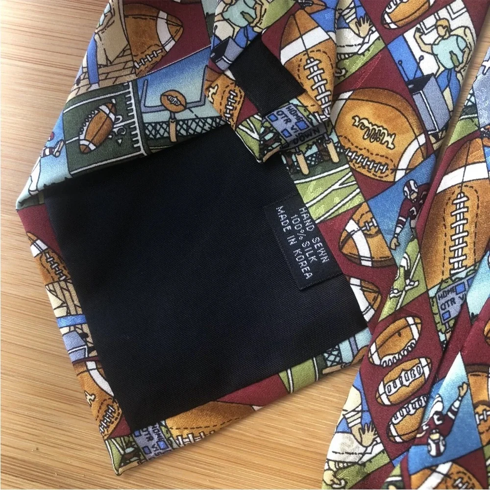 Nicole Miller Football Tie Black Silk Mens Red Blue Brown Necktie Vintage 90s